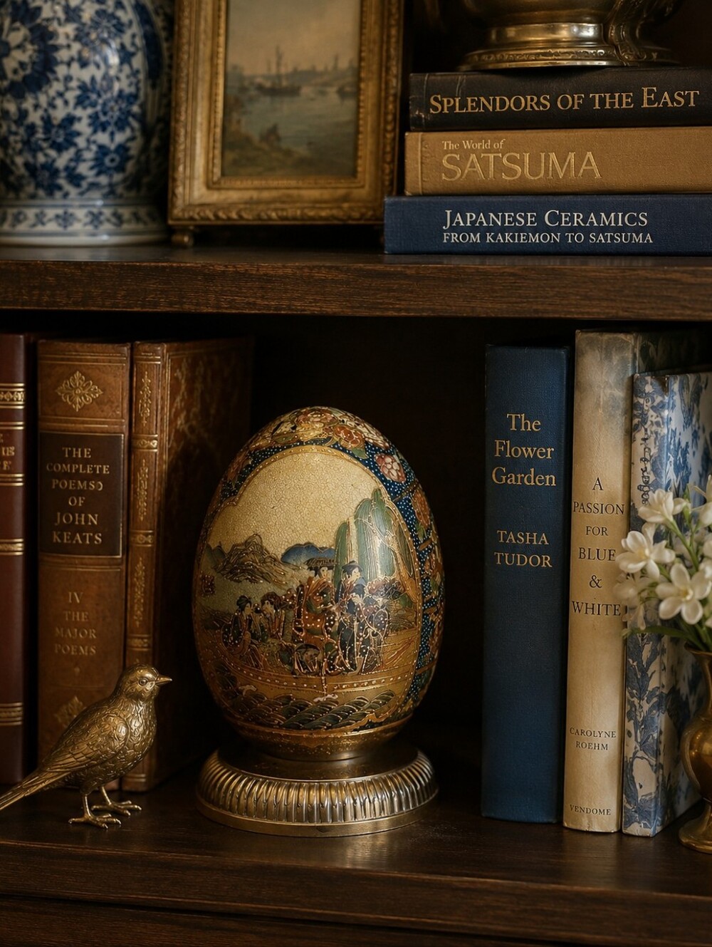 Satsuma Geisha Large Porcelain Egg with Golden Brass Platform Base